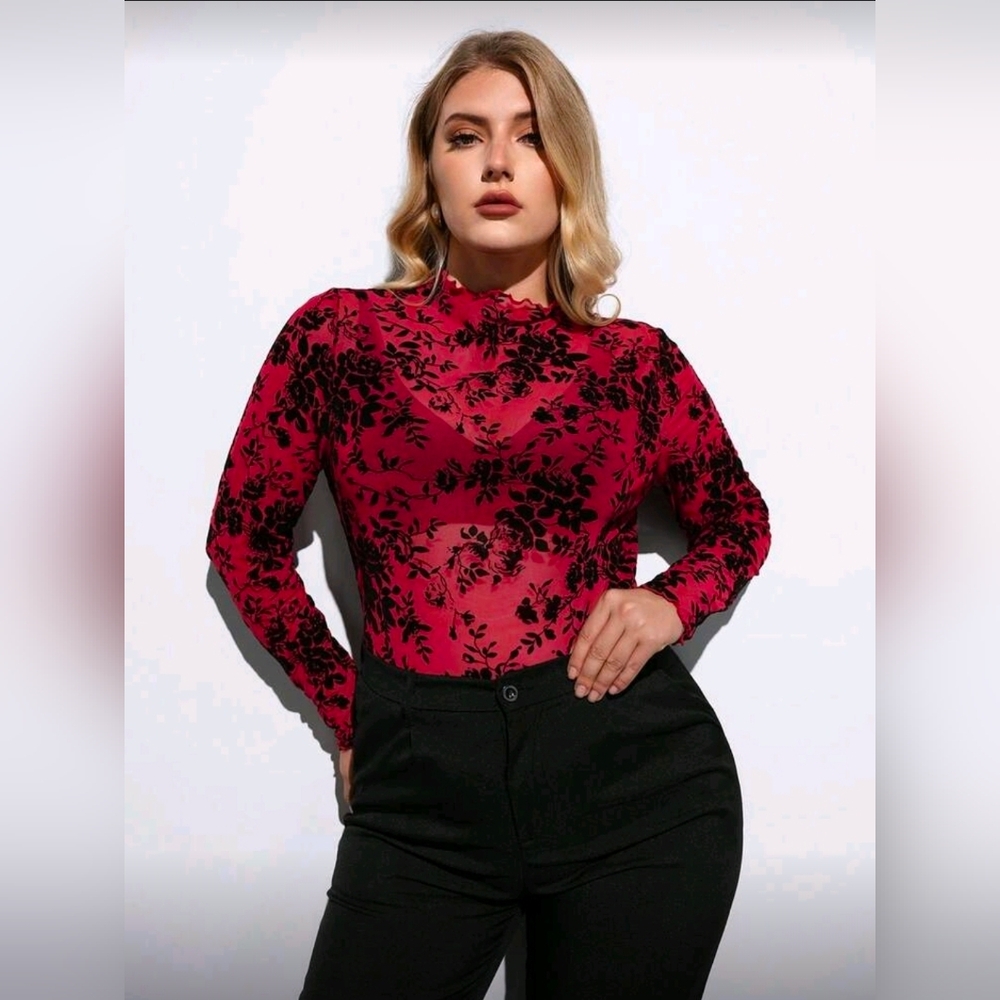 Floral Red and Black Women's Mesh Long Sleeve Top (NO BRA)
